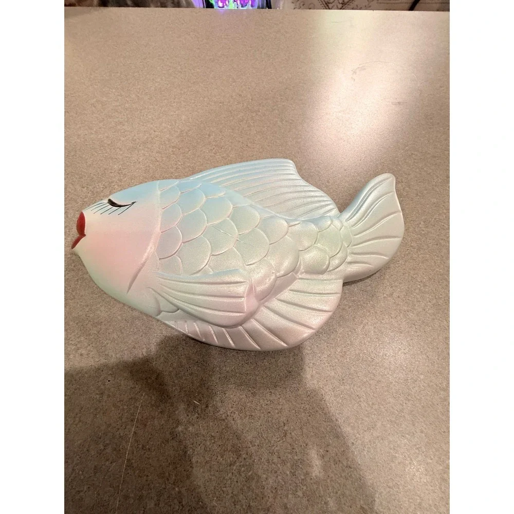 Vintage Iridescent Ceramic Fish Wall Plaque Pastel Kitsch Coastal Decor 9 Inch